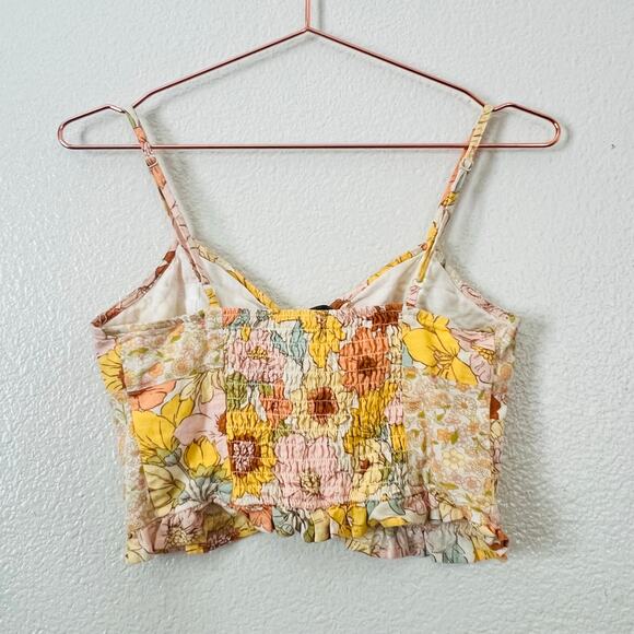 American Eagle Retro 70s groovy floral patchwork lace up crop tank top yellow - Picture 2 of 4